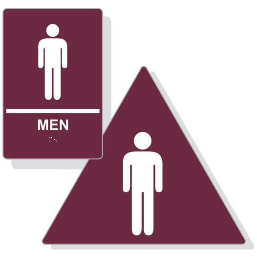 Burgundy ADA Braille MEN Restroom Sign Set with Symbol RRE-145_DTS_Set_White_on_Burgundy