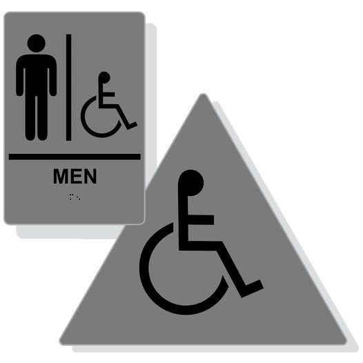 Gray ADA Braille Accessible MEN Restroom Sign Set RRE-150_190_DTS_Set_Black_on_Gray