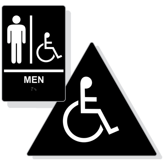 Black ADA Braille Accessible MEN Restroom Sign Set RRE-150_190_DTS_Set_White_on_Black