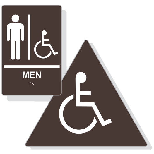 Dark Brown ADA Braille Accessible MEN Restroom Sign Set RRE-150_190_DTS_Set_White_on_DarkBrown