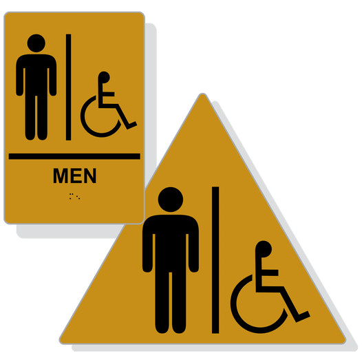 Gold ADA Braille Accessible MEN Restroom Sign Set RRE-150_DTS_Set_Black_on_Gold