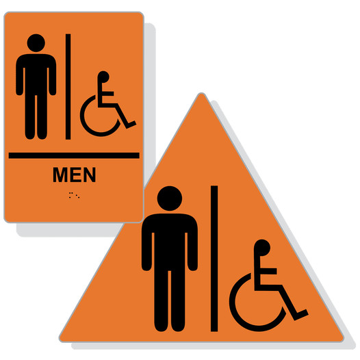 Orange ADA Braille Accessible MEN Restroom Sign Set RRE-150_DTS_Set_Black_on_Orange
