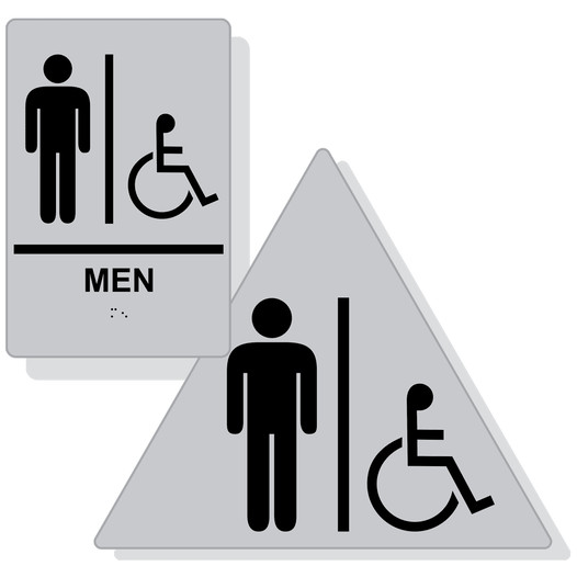 Silver ADA Braille Accessible MEN Restroom Sign Set RRE-150_DTS_Set_Black_on_Silver