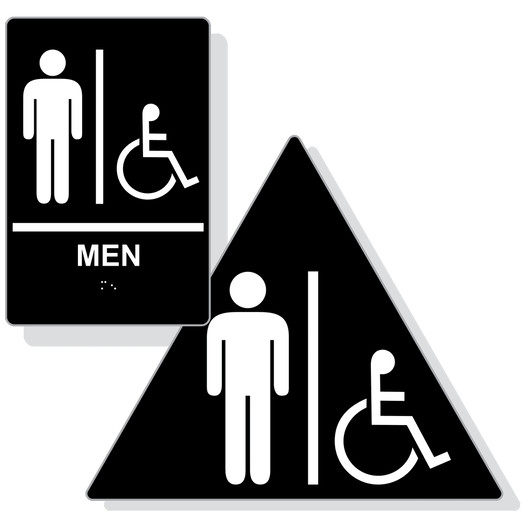 Black ADA Braille Accessible MEN Restroom Sign Set RRE-150_DTS_Set_White_on_Black