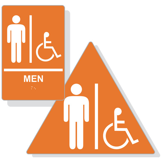Orange ADA Braille Accessible MEN Restroom Sign Set RRE-150_DTS_Set_White_on_Orange