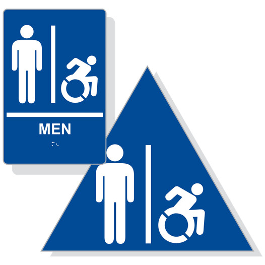 Blue Braille MEN Restroom Sign Set with Dynamic Accessibiity Symbol RRE-150R_DTS_Set_White_on_Blue