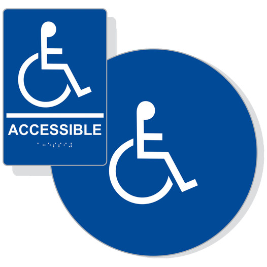 Blue ADA Braille ACCESSIBLE Women's Restroom Sign Set RRE-190_DCS_Set_White_on_Blue