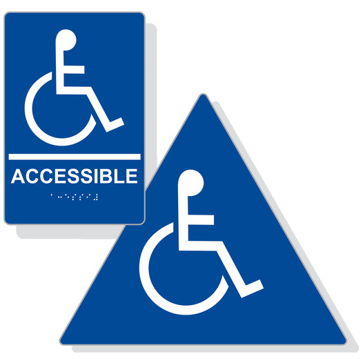 Blue ADA Braille ACCESSIBLE Men's Restroom Sign Set RRE-190_DTS_Set_White_on_Blue