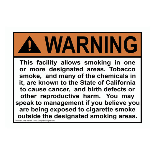 ANSI WARNING This facility allows smoking in one or more designated areas Sign AWE-13109