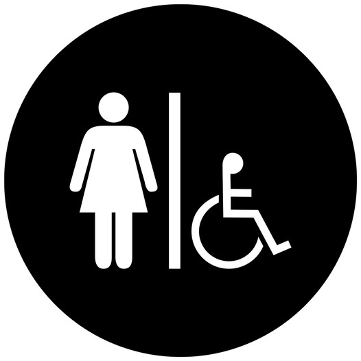 Black Accessible Women's Restroom Door Sign with Symbol RR-130_DCS_White_on_Black