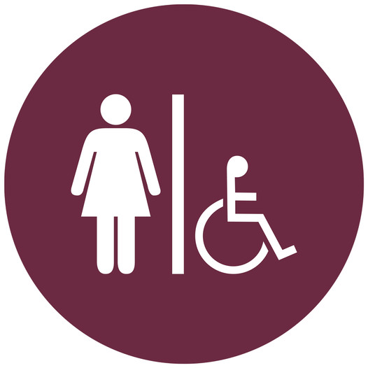 Burgundy Accessible Women's Restroom Door Sign with Symbol RR-130_DCS_White_on_Burgundy