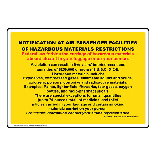Carriage by Aircraft Passenger Facilities Hazmat Restrictions Sign NHE-13010