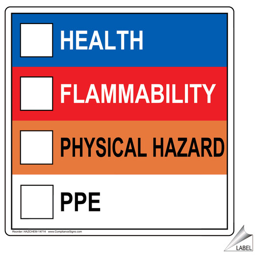 Health Flammability Physical Hazard PPE Label for Hazmat HAZCHEM-14714