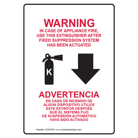 Warning In Case Of Appliance Fire, Use This Extinguisher With Down Arrow Bilingual Sign NHB-18194