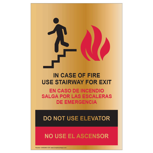 Gold In Case Of Fire Use Stairway For Exit Bilingual Sign ELVB-39485_BBF
