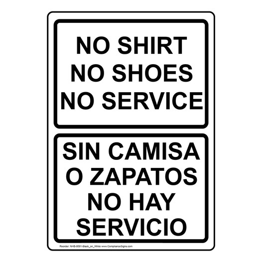 No Shirt No Shoes No Service Bilingual Sign NHB-9591-BLKonWHT