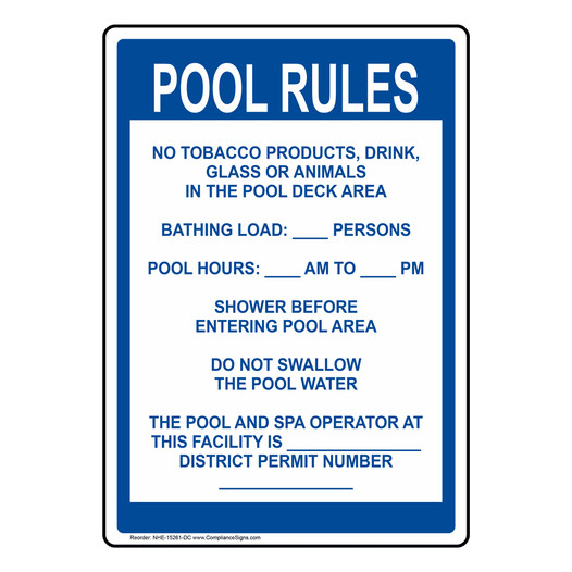 District of Columbia Pool Rules Sign NHE-15261-DC