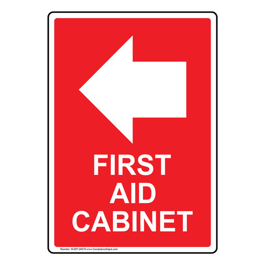 Portrait First Aid Cabinet [Left Arrow] Sign With Symbol NHEP-29479