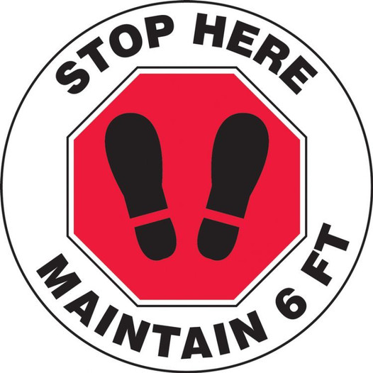 Social Distancing Slip-Gard Floor Sign: Stop Here Maintain 6 ft 40S4134