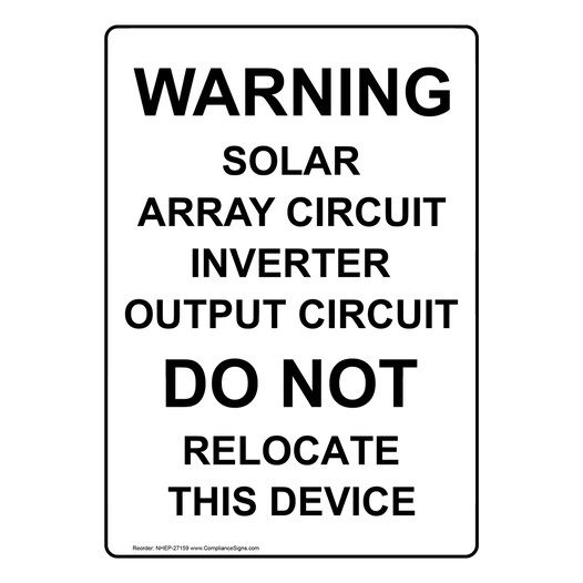 Portrait Warning Solar Array Circuit Inverter Sign NHEP-27159