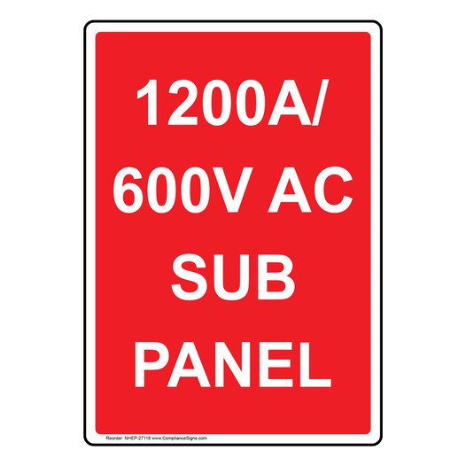 Portrait 1200A/600V AC Sub Panel Sign NHEP-27118