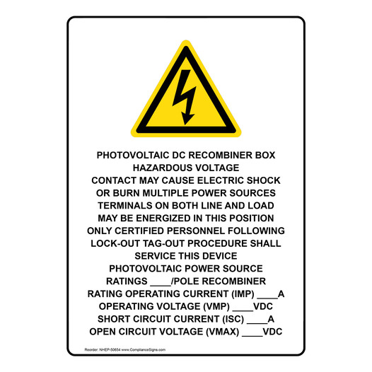 Portrait PHOTOVOLTAIC DC RECOMBINER BOX Sign With Symbol NHEP-50654