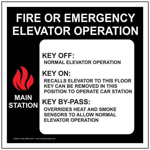 White Fire Or Emergency Elevator Operation Sign ELVE-39500_WHT