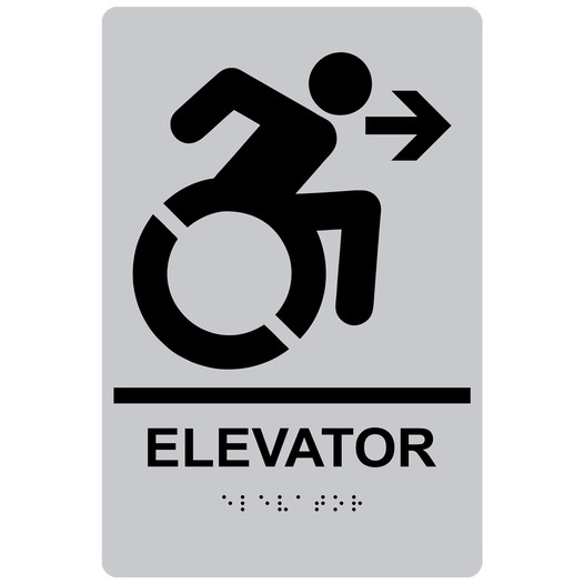 Silver Braille ELEVATOR Right Sign with Dynamic Accessibility Symbol RRE-14783R_Black_on_Silver