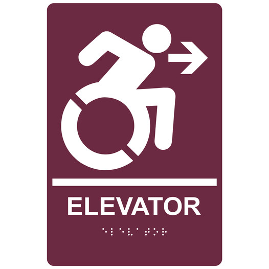 Burgundy Braille ELEVATOR Right Sign with Dynamic Accessibility Symbol RRE-14783R_White_on_Burgundy