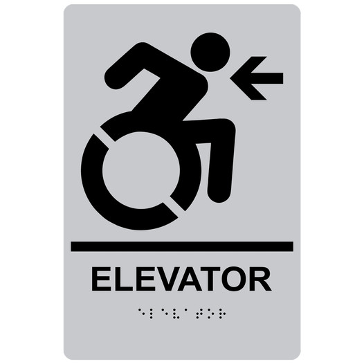 Silver Braille ELEVATOR Left Sign with Dynamic Accessibility Symbol RRE-14784R_Black_on_Silver