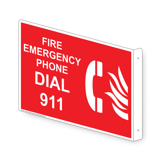 Projection-Mount Red FIRE EMERGENCY PHONE DIAL 911 Sign With Symbol NHE-13837Proj