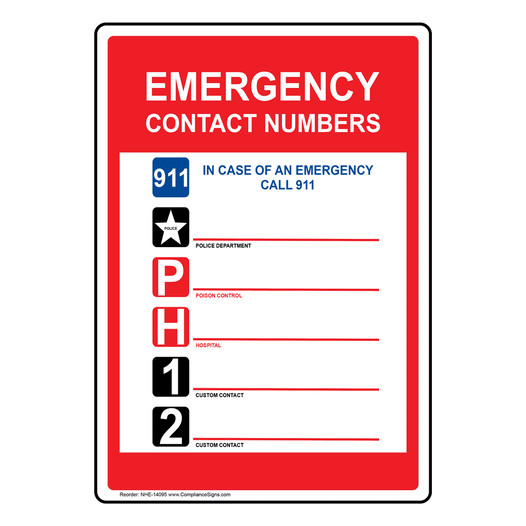 Emergency Contact Numbers 911 Sign NHE-14095 Emergency Contact 911