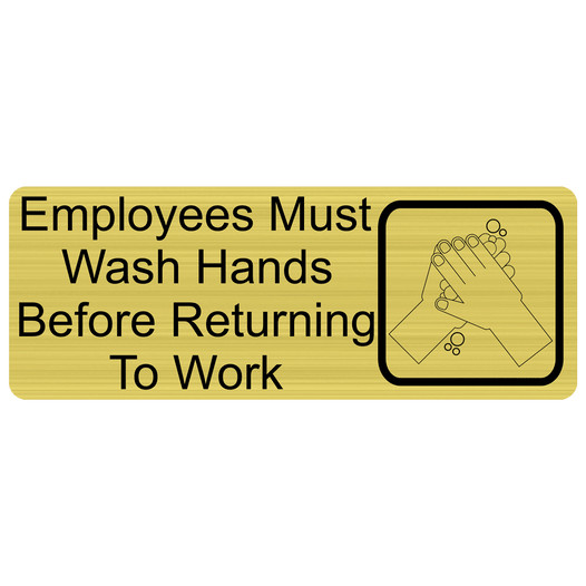 Gold Engraved Employees Must Wash Hands Before Work Sign with Symbol