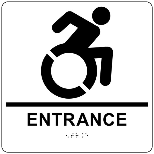 Square White Braille ENTRANCE Sign with Dynamic Accessibility Symbol RRE-16801R-99_Black_on_White