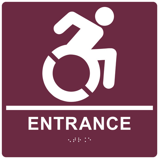 Square Burgundy Braille ENTRANCE Sign with Dynamic Accessibility Symbol RRE-16801R-99_White_on_Burgundy