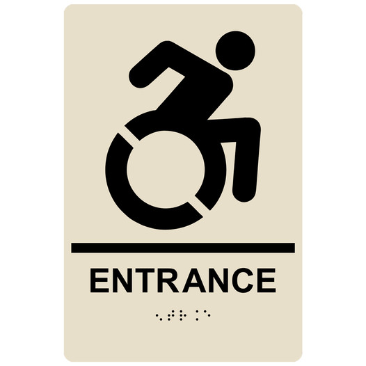 Almond Braille ENTRANCE Sign with Dynamic Accessibility Symbol RRE-16801R_Black_on_Almond