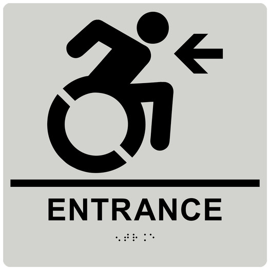 Square Pearl Gray Braille ENTRANCE Left Sign with Dynamic Accessibility Symbol RRE-185R-99_Black_on_PearlGray