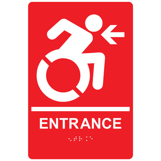 Red Braille ENTRANCE Left Sign with Dynamic Accessibility Symbol RRE-185R_White_on_Red