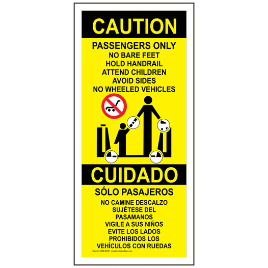 Caution Passengers Only No Bare Feet Hold Handrail Bilingual Escalator Sign ESCB-39457