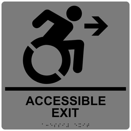 Square Gray Braille ACCESSIBLE EXIT Right Sign with Dynamic Accessibility Symbol RRE-14758R-99_Black_on_Gray