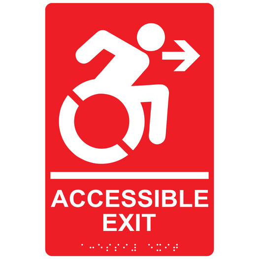 Red Braille ACCESSIBLE EXIT Right Sign with Dynamic Accessibility Symbol RRE-14758R_White_on_Red