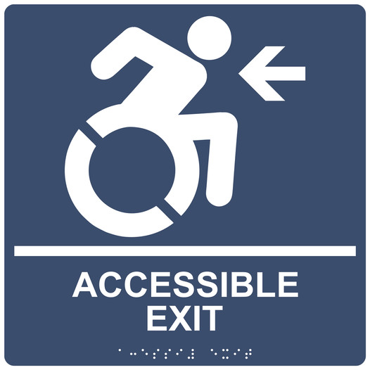 Square Navy Braille ACCESSIBLE EXIT Left Sign with Dynamic Accessibility Symbol RRE-14759R-99_White_on_Navy