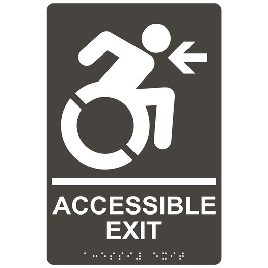 Charcoal Gray Braille ACCESSIBLE EXIT Left Sign with Dynamic Accessibility Symbol RRE-14759R_White_on_CharcoalGray