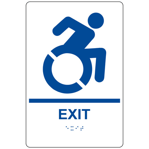 White Braille EXIT Sign with Dynamic Accessibility Symbol RRE-16802R_Blue_on_White