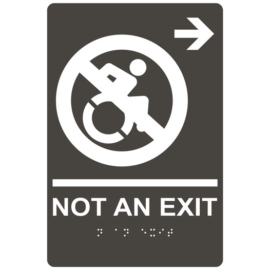 Charcoal Gray Braille NOT AN EXIT Right Sign with Dynamic Accessibility Symbol RRE-19616R_White_on_CharcoalGray