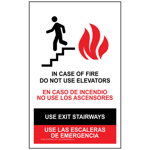 White In Case Of Fire Do Not Use Elevators Use Exit Bilingual Sign ELVB-39489_WHT