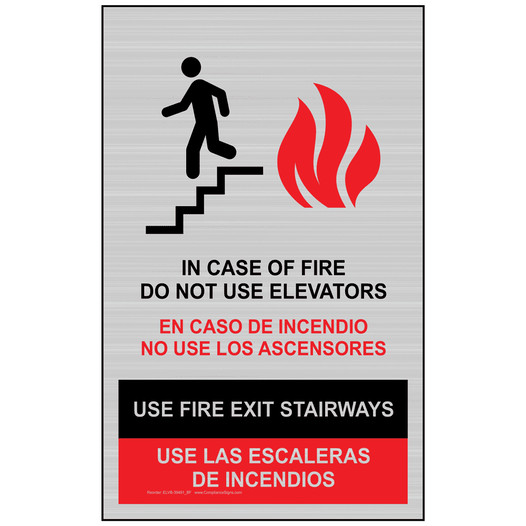 Silver In Case Of Fire Do Not Use Elevators Use Fire Exit Bilingual Sign ELVB-39491_BF
