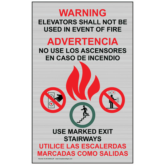 Silver Warning Elevators Shall Not Be Used In Event Of Fire Bilingual Sign ELVB-39509_BF