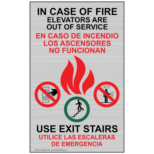 Silver In Case Of Fire Elevators Are Out Of Service Bilingual Sign ELVB-39511_BF