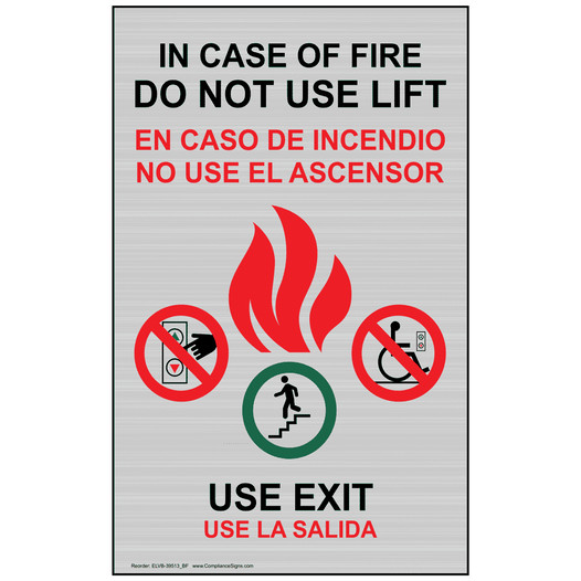 Silver In Case Of Fire Do Not Use Lift Use Exit Bilingual Sign ELVB-39513_BF